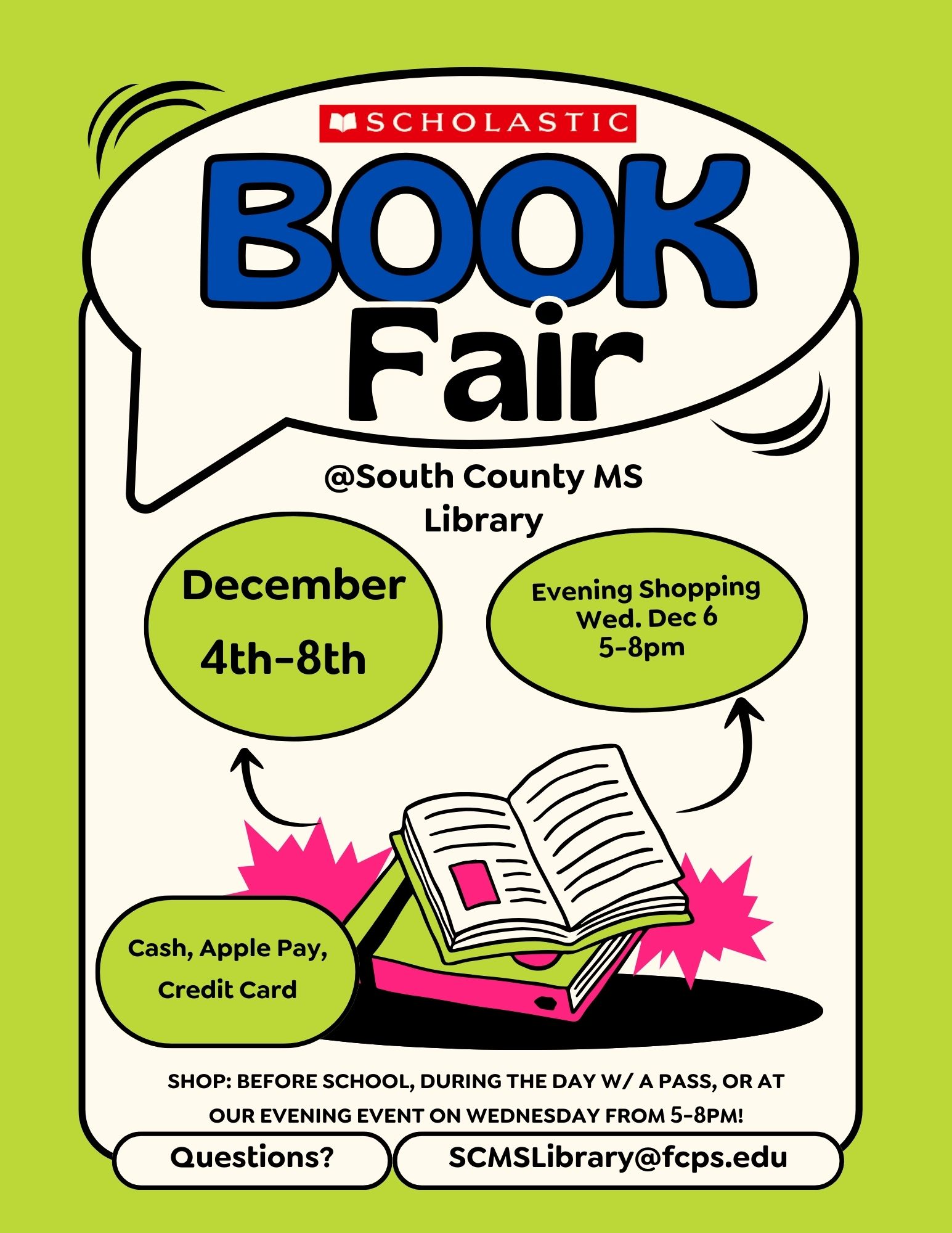 Book Fair Flyer.  December 4th-8th. Evening Shopping Wed. Dec 6 from 5-8pm.