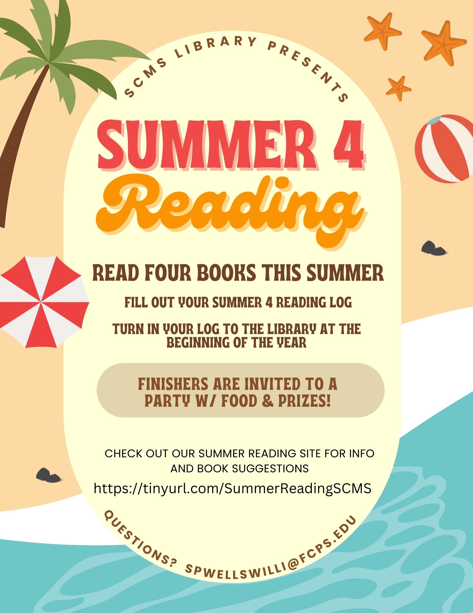 Summer4Reading Flier.  Read 4 books this summer, fill out a reading log, and turn it into the SCMS Library at the beginning of the year.